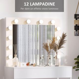 Estación de Maquillaje, Tocador con Espejo, 12 Luces LED, Taburete Acolchado y Amplio Cajón de Madera, 80X40X140 Cm, Blanco