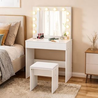Estación de Maquillaje, Tocador con Espejo, 12 Luces LED, Taburete Acolchado y Amplio Cajón de Madera, 80X40X140 Cm, Blanco