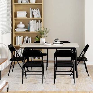 Juego de 6 Sillas Plegables con Efecto Lino y Asiento Acolchado, Sillas Plegables Portátiles de Acero, Silla Plegable para Interior para Casa, Oficina, Cocina, Eventos, Negro