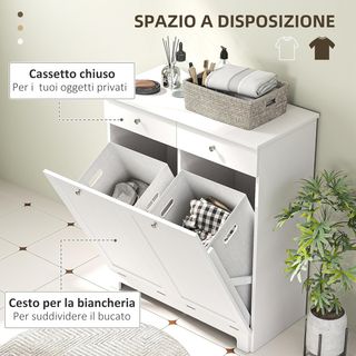 Mueble Portabiancheria De Baño Con 2 Puertas Abatibles Y Cestos De Ropa Sucia, Armario De Baño Mueble De Lavandería En Madera Con 2 Cajones Y Bolsas Plegables Para Ropa, 78X38X90 Cm, Blanco