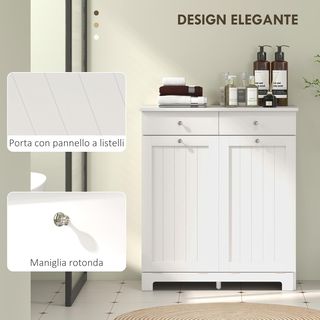 Mueble Portabiancheria De Baño Con 2 Puertas Abatibles Y Cestos De Ropa Sucia, Armario De Baño Mueble De Lavandería En Madera Con 2 Cajones Y Bolsas Plegables Para Ropa, 78X38X90 Cm, Blanco