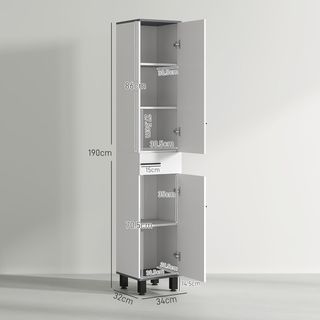 Colonna da Bagno Moderna con Cassetto, 2 Armadi, Mobile da Bagno Salvaspazio Alto con 2 Porte e Ripiani Regolabili, Mobile da Bagno in Legno, 34X32X190 Cm, Bianco Lucido