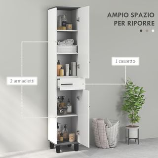 Colonna da Bagno Moderna con Cassetto, 2 Armadi, Mobile da Bagno Salvaspazio Alto con 2 Porte e Ripiani Regolabili, Mobile da Bagno in Legno, 34X32X190 Cm, Bianco Lucido