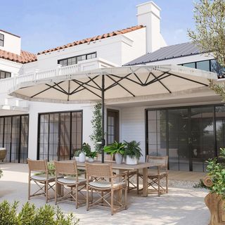 Sombrilla Doble 450X265 Cm Con Manivela, Ventilaciones Y Flecos, Sombrilla De Jardín Con 12 Varillas De Metal Y Poliéster 180G/㎡, anti UV30+, Para Jardín, Terraza Y Balcón, Crema