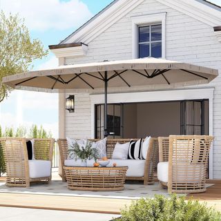 Sombrilla Doble 450X265 Cm Con Manivela, Ventilaciones Y Flecos, Sombrilla De Jardín Con 12 Varillas De Metal Y Poliéster 180G/㎡, anti UV30+, Para Jardín, Terraza Y Balcón, Crema