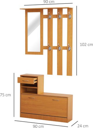 Conjunto Muebles Entrada Moderno Con Zapatero Y Espejo, Perchero De Entrada Con 6 Ganchos, 2 Estantes Ajustables Y Cajones De Madera Para Pasillo, 90X24X166 Cm, Madera