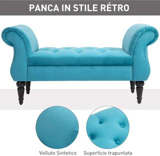 Banco de Fondo en Estilo Vintage, Estructura de Madera y Asiento Acolchado Estilo Chesterfield, Azul 117 X 40 X 58Cm