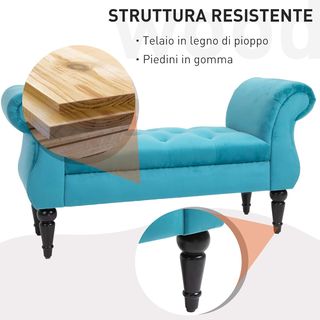 Banco de Fondo en Estilo Vintage, Estructura de Madera y Asiento Acolchado Estilo Chesterfield, Azul 117 X 40 X 58Cm
