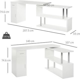 Escritorio Esquinero Moderno de Madera Con Cajón, Armario y Estantes, Mobiliario para Oficina y Casa, Blanco