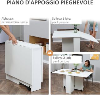 Mesa de Comedor Plegable, Mesa de Cocina Abatible para 6 Personas, Escritorio Plegable Ahorra Espacio con 2 Estantes Abiertos y Ruedas con Freno, para Sala de Estar, Oficina, 140X75X74Cm, Blanco