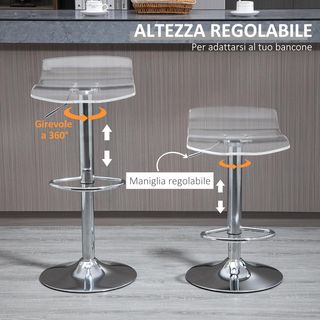 Set di 2 Sgabelli da Bar con Altezza Regolabile, Sgabelli da Cucina Alti con Sedile Girevole e Poggiapiedi in Metallo e Acrilico, 39X39X67-87 Cm, Trasparente