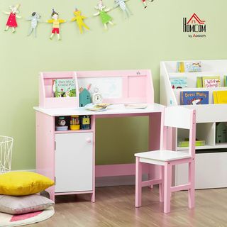Conjunto Mesa y Sillas para Niños de 5-8 Años en Madera con Banco Escolar, Conjunto de Muebles para Niños con Espacio de Almacenamiento y Pizarra Blanca y Silla, Blanco y Rosa