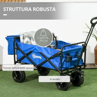 Carro de Playa Plegable 110L Con Manija Telescópica Y Bolsa Térmica De 15L, Carro De Jardín De Acero Y Tela Oxford, Azul