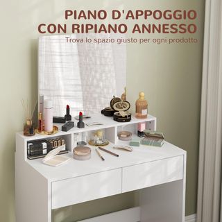 Estación de Maquillaje con Taburete, Mesa de Maquillaje con Espejo, 3 Estantes, 2 Cajones, Tocador Moderno de Maquillaje en Madera para Dormitorio, 75X38X135 Cm, Blanco