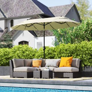 Sombrilla Doble Inclinable 295X150Cm Con Manivela, Luces LED, Base en Cruz Y Ventilaciones, Sombrilla de Jardín con 12 Varillas de Acero y Poliéster, para Jardín Terraza Balcón