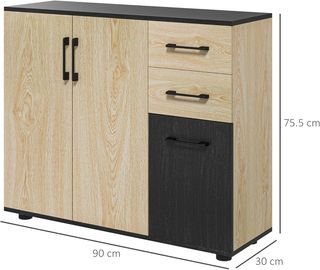 Credenza Moderna De Cocina Y Salón, Mueble Credenza De Cocina Con Estante Regulable, 2 Armarios Y 2 Cajones, Diseño Moderno, 90X30X75.5Cm, Nogal Y Negro