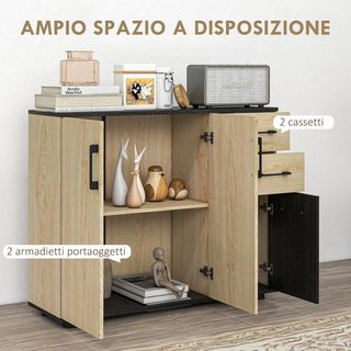 Credenza Moderna De Cocina Y Salón, Mueble Credenza De Cocina Con Estante Regulable, 2 Armarios Y 2 Cajones, Diseño Moderno, 90X30X75.5Cm, Nogal Y Negro