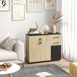 Credenza Moderna De Cocina Y Salón, Mueble Credenza De Cocina Con Estante Regulable, 2 Armarios Y 2 Cajones, Diseño Moderno, 90X30X75.5Cm, Nogal Y Negro
