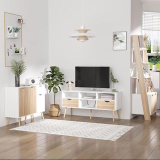 Mueble Multiusos Con Cajón Y Armarios, Credenza Estilo Nórdico en Madera para Dormitorio, Sala de Estar, Estudio, 90X30X72 Cm, Blanco Y Color Madera