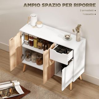 Mueble Multiusos Con Cajón Y Armarios, Credenza Estilo Nórdico en Madera para Dormitorio, Sala de Estar, Estudio, 90X30X72 Cm, Blanco Y Color Madera