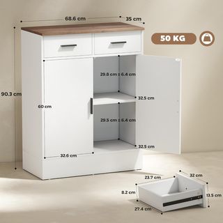 Credenza de Cocina Con 2 Cajones Y Armario de 2 Puertas, Mueble de Cocina Moderno Con Estante Regulable, Credenza Buffet para Sala de Estar, Comedor y Salón, 68.6X35X90.3 Cm, Blanco y Marrón