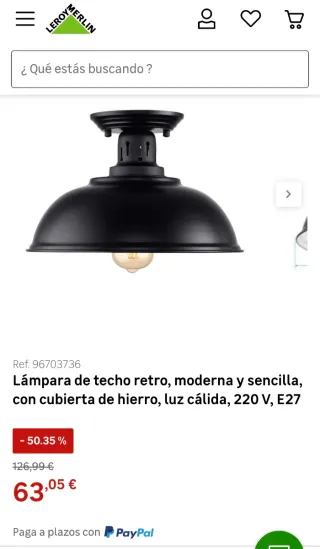 Lámpara de techo industrial metal negra. 1 mes uso