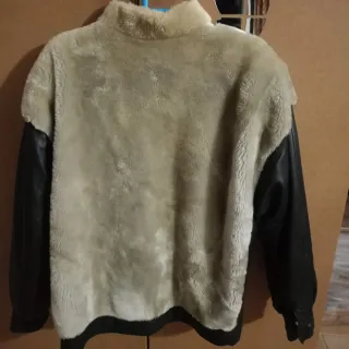 Chaqueta Vintage Cuero Negro y Piel Beige