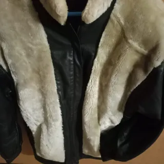 Chaqueta Vintage Cuero Negro y Piel Beige