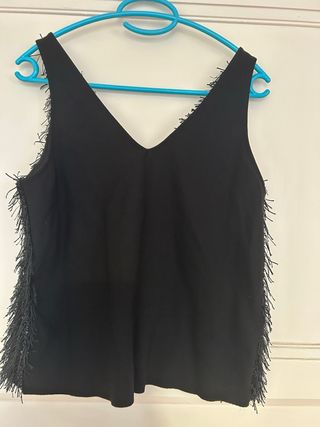 Top Mango fiesta negro flecos tirantes Talla M