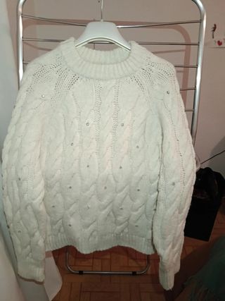 Jersey Zara Blanco Trenzado Perlas Talla M/L