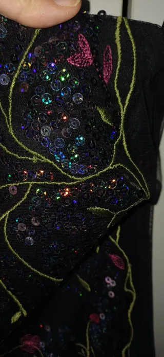 Vestido fiesta negro bordado flores lentejuelas