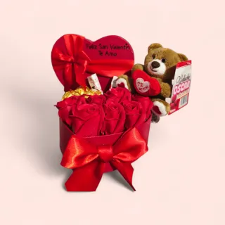 Caja Corazón San Valentín Flores y Peluche