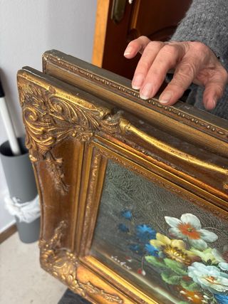 Cuadro Óleo Flores Marco Dorado