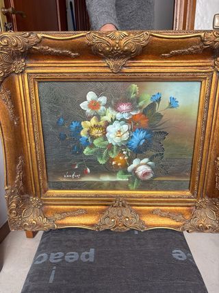 Cuadro Óleo Flores Marco Dorado