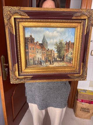 Cuadro Óleo Pueblo con Marco Dorado