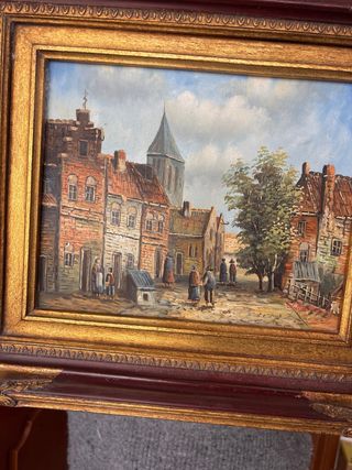 Cuadro Óleo Pueblo con Marco Dorado