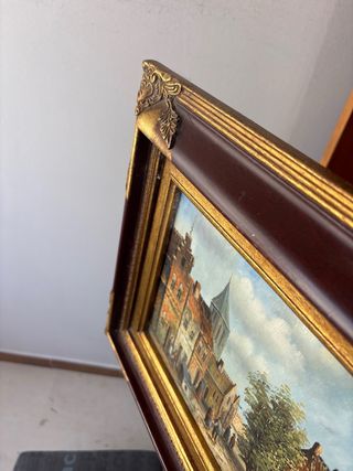 Cuadro Óleo Pueblo con Marco Dorado