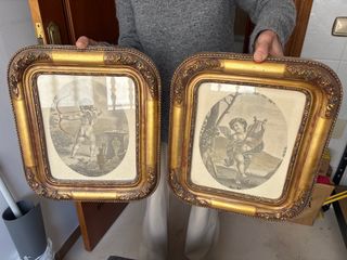 Pareja de cuadros cupido marco dorado