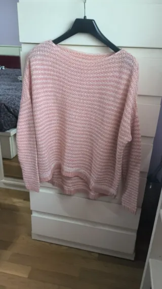 Jersey Oversize Lana Rosa y Blanco Talla S