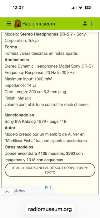 Auriculares Sony Vintage DR-S7 Dynamic Stereo
