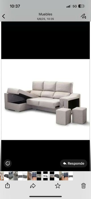 Sofá modular gris con arcón y puffs