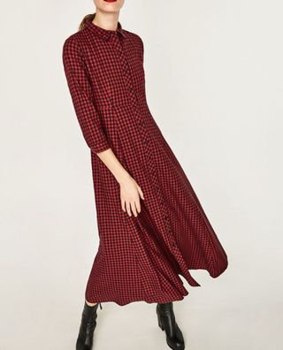Vestido largo cuadros rojo negro camisa Zara S