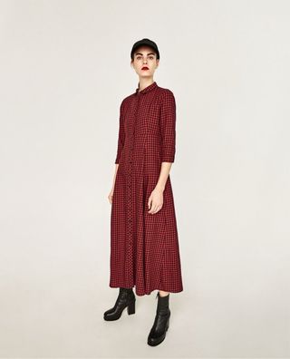 Vestido largo cuadros rojo negro camisa Zara S