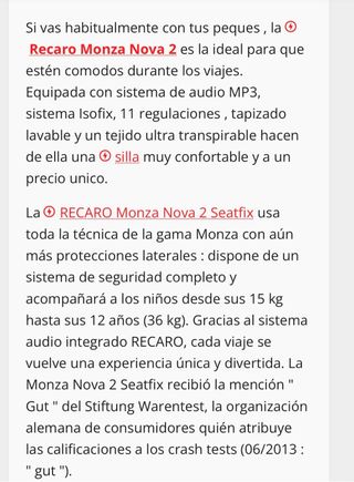 Silla Recaro Monza Nova Isofix Grupo 2/3