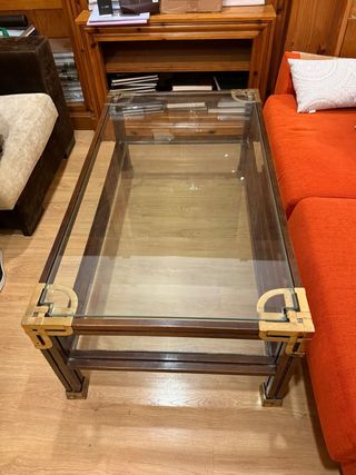 Mesa centro cristal, madera y metal