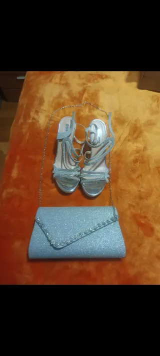 Zapatos y bolso de fiesta plateados