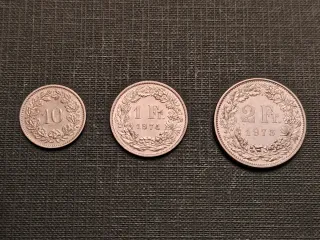 3 Monedas Suiza 10, 1 y 2 Fr. Años 70