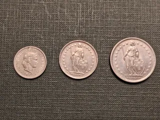 3 Monedas Suiza 10, 1 y 2 Fr. Años 70