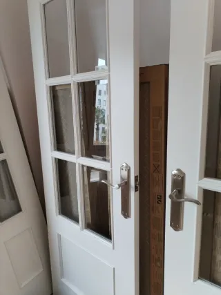 Puerta doble madera maciza con cristalera