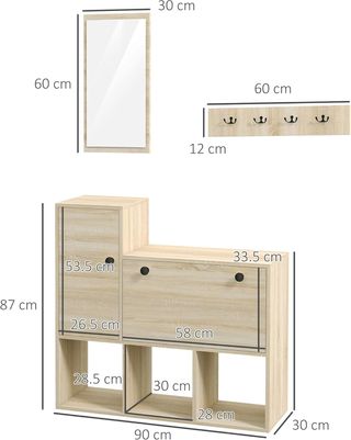 Conjunto de Muebles de Entrada 3 en 1 con Zapatero para 9 Pares de Zapatos, Perchero de Pared con 4 Ganchos, Armario y Espejo en MDF